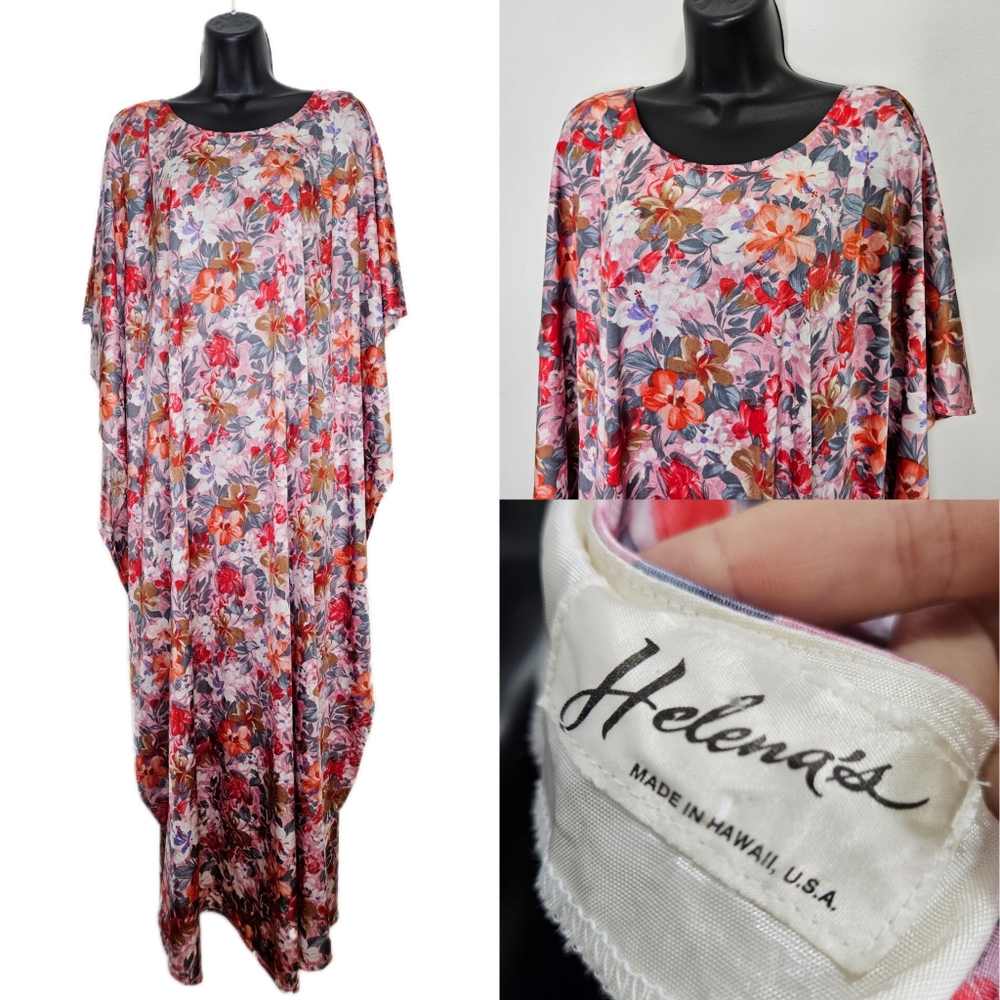 Vintage 60s 70s  Helena's Hawaiian Floral Kaftan Maxi Dress Mumuu Patio